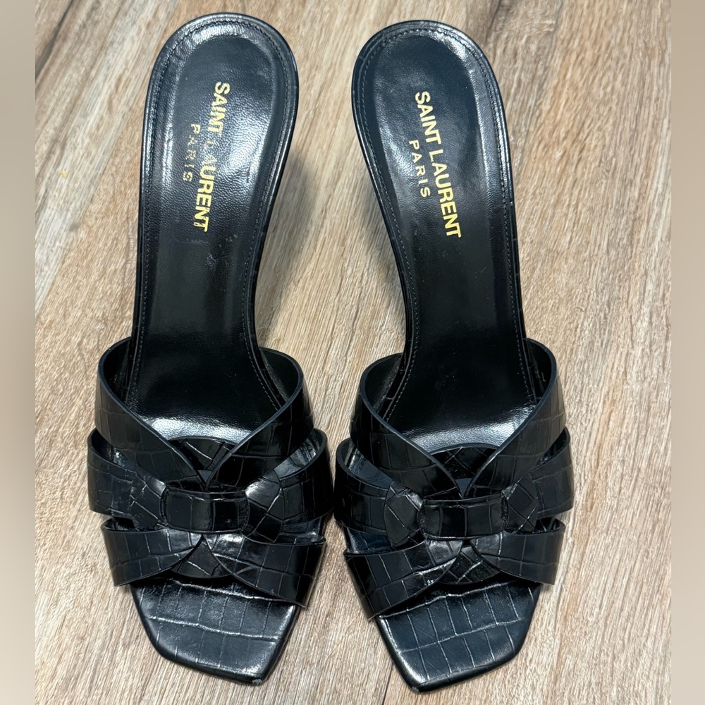 Saint Laurent Black Croc Embossed Leather Tribute Slide Sandals Size 39.5